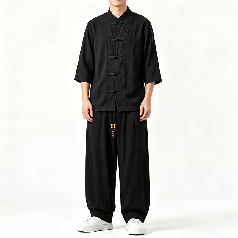Buddha Stones Spring Summer Tang Style Meditation Frog Button Solid Three-Quarter Sleeve Shirt Pants Men's Meditation Cloth With Pocket - Black - US/UK/AU46，EU56 (5XL) - image 10