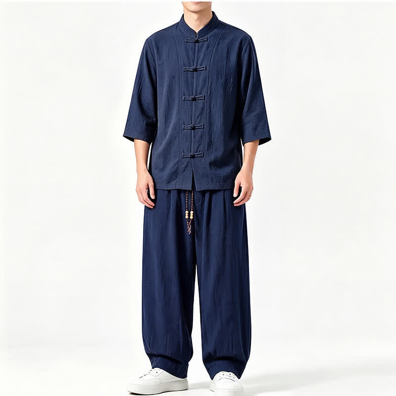 Buddha Stones Spring Summer Tang Style Meditation Frog Button Solid Three-Quarter Sleeve Shirt Pants Men's Meditation Cloth With Pocket - Navy - US/UK/AU46，EU56 (5XL) - image 15