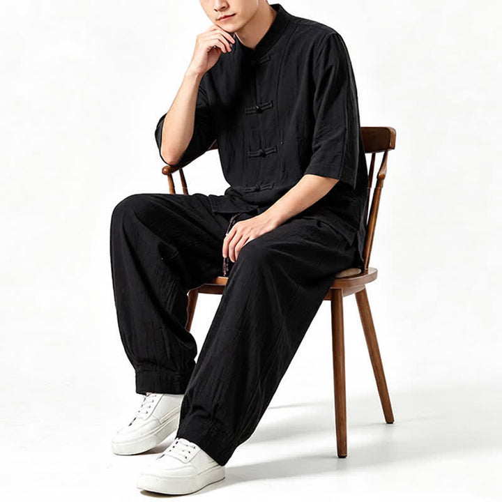 Buddha Stones Spring Summer Tang Style Meditation Frog Button Solid Three-Quarter Sleeve Shirt Pants Men's Meditation Cloth With Pocket - image 14