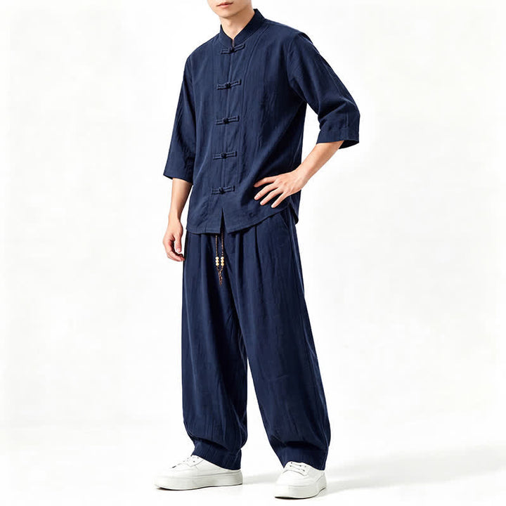 Buddha Stones Spring Summer Tang Style Meditation Frog Button Solid Three-Quarter Sleeve Shirt Pants Men's Meditation Cloth With Pocket - image 18