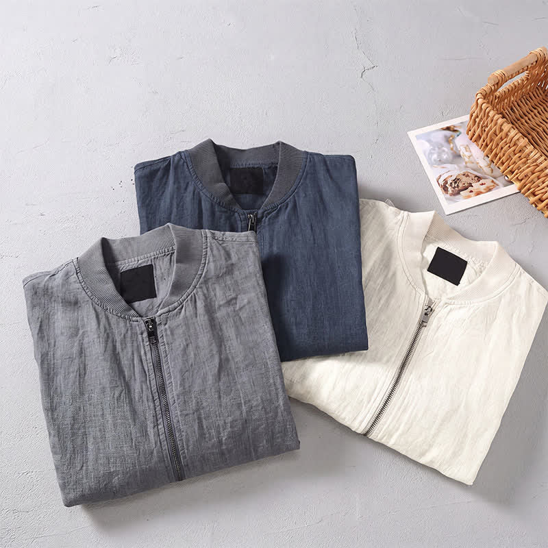Buddha Stones Spring Casual Minimalist Solid Zipper Design Linen Men's Jacket With Pockets - image 11