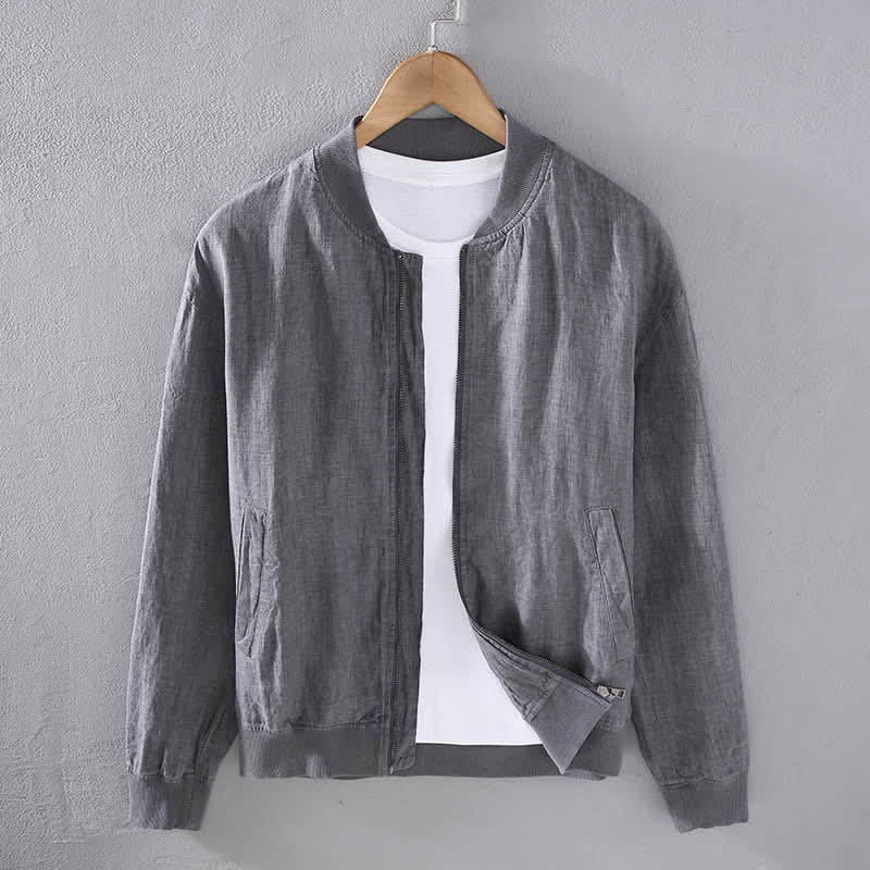 Buddha Stones Spring Casual Minimalist Solid Zipper Design Linen Men's Jacket With Pockets - Gray - US/UK/AU42，EU52 (3XL) - image 1
