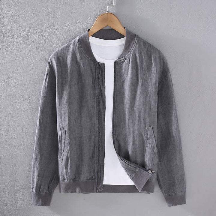 Buddha Stones Spring Casual Minimalist Solid Zipper Design Linen Men's Jacket With Pockets - Gray - US/UK/AU42，EU52 (3XL) - image 1