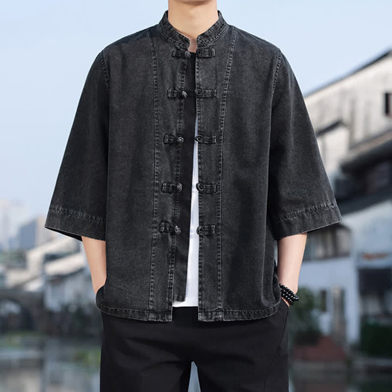 Buddha Stones Spring Vintage Tang Style Frog Button Solid Cotton Cropped Elbow-Length Sleeve Men's Jacket - image 2