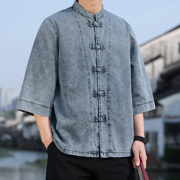 Buddha Stones Spring Vintage Tang Style Frog Button Solid Cotton Cropped Elbow-Length Sleeve Men's Jacket - image 14