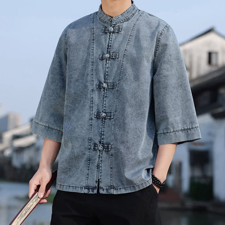 Buddha Stones Spring Vintage Tang Style Frog Button Solid Cotton Cropped Elbow-Length Sleeve Men's Jacket - image 18