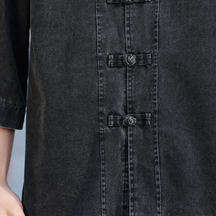 Buddha Stones Spring Vintage Tang Style Frog Button Solid Cotton Cropped Elbow-Length Sleeve Men's Jacket - image 11