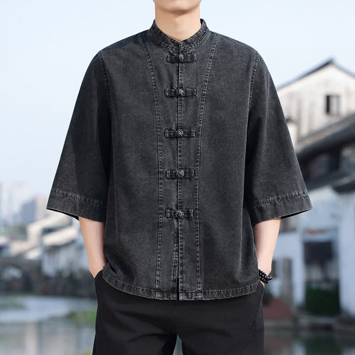 Buddha Stones Spring Vintage Tang Style Frog Button Solid Cotton Cropped Elbow-Length Sleeve Men's Jacket - image 3