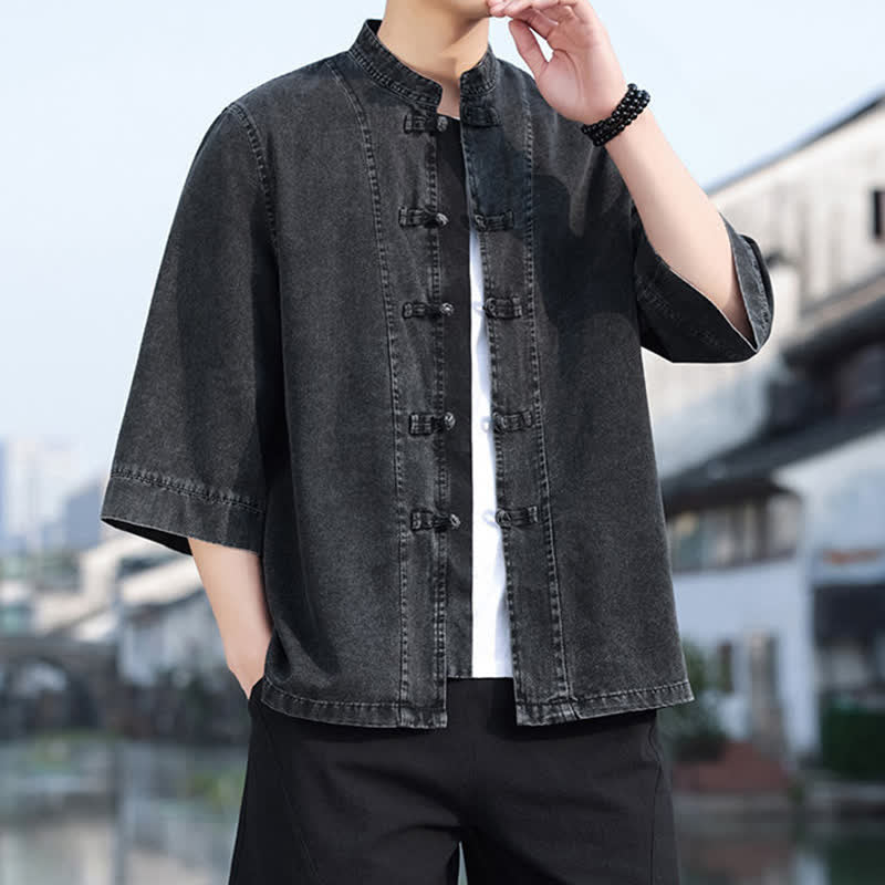 Buddha Stones Spring Vintage Tang Style Frog Button Solid Cotton Cropped Elbow-Length Sleeve Men's Jacket - Black - US/UK/AU46，EU56 (5XL) - image 0