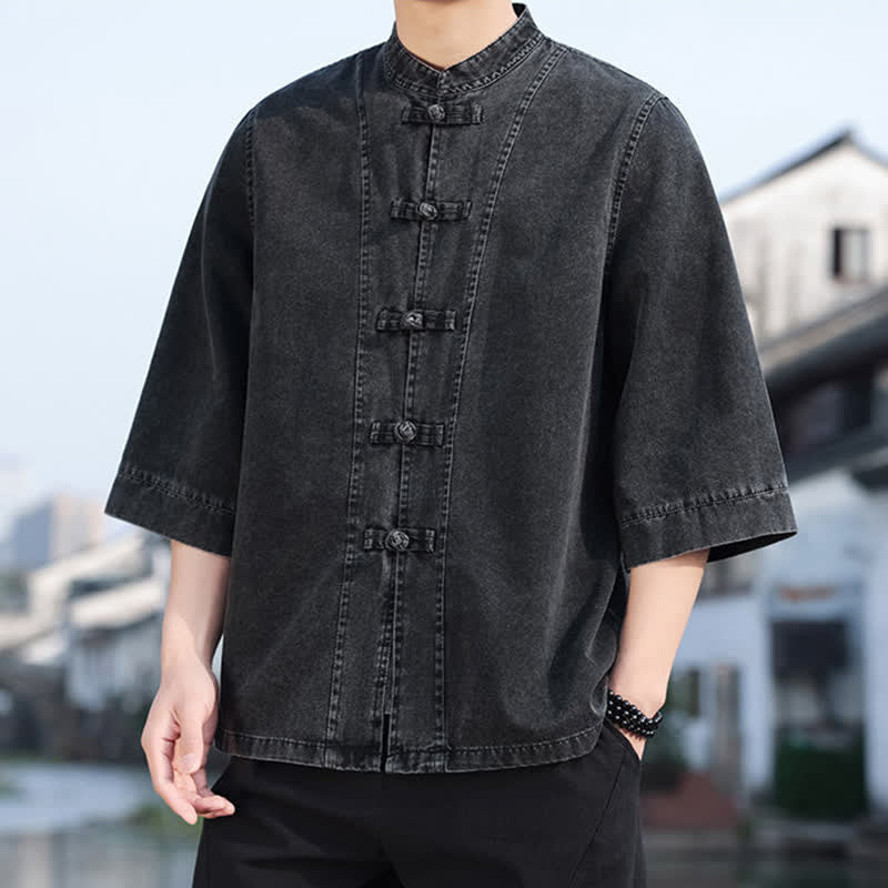 Buddha Stones Spring Vintage Tang Style Frog Button Solid Cotton Cropped Elbow-Length Sleeve Men's Jacket - image 1