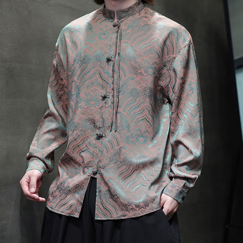 Buddha Stones Fall Vintage Tang Style Mandarin Collar Abstract Waves Men's Long Sleeve Shirts - image 9