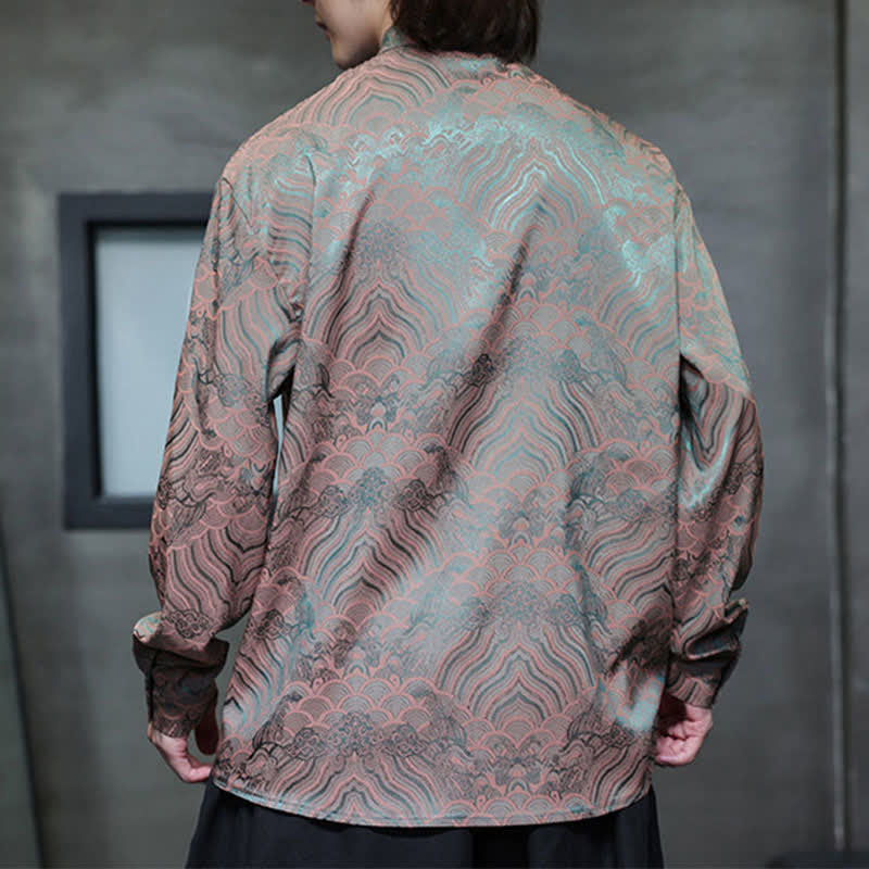Buddha Stones Fall Vintage Tang Style Mandarin Collar Abstract Waves Men's Long Sleeve Shirts - image 4