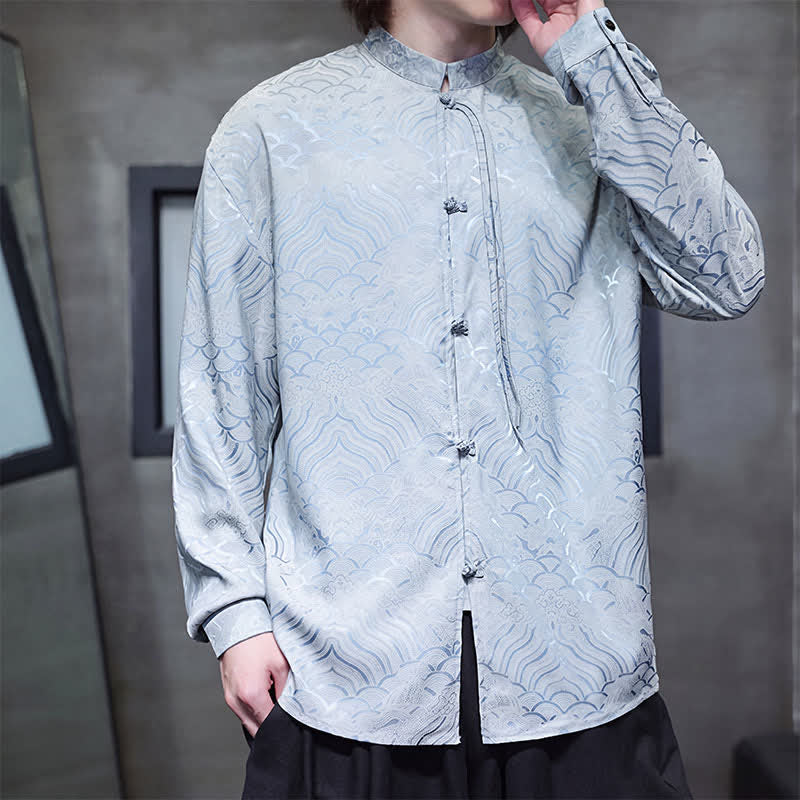 Buddha Stones Fall Vintage Tang Style Mandarin Collar Abstract Waves Men's Long Sleeve Shirts - image 33