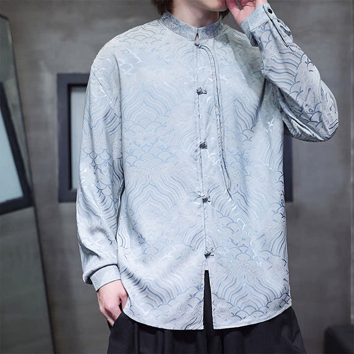 Buddha Stones Fall Vintage Tang Style Mandarin Collar Abstract Waves Men's Long Sleeve Shirts - image 33