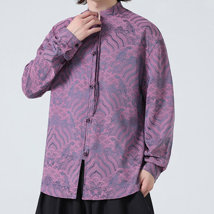 Buddha Stones Fall Vintage Tang Style Mandarin Collar Abstract Waves Men's Long Sleeve Shirts - image 20