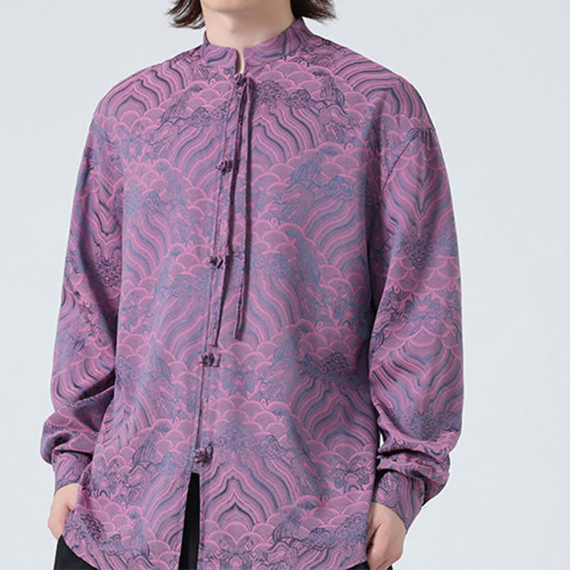 Buddha Stones Fall Vintage Tang Style Mandarin Collar Abstract Waves Men's Long Sleeve Shirts - image 21