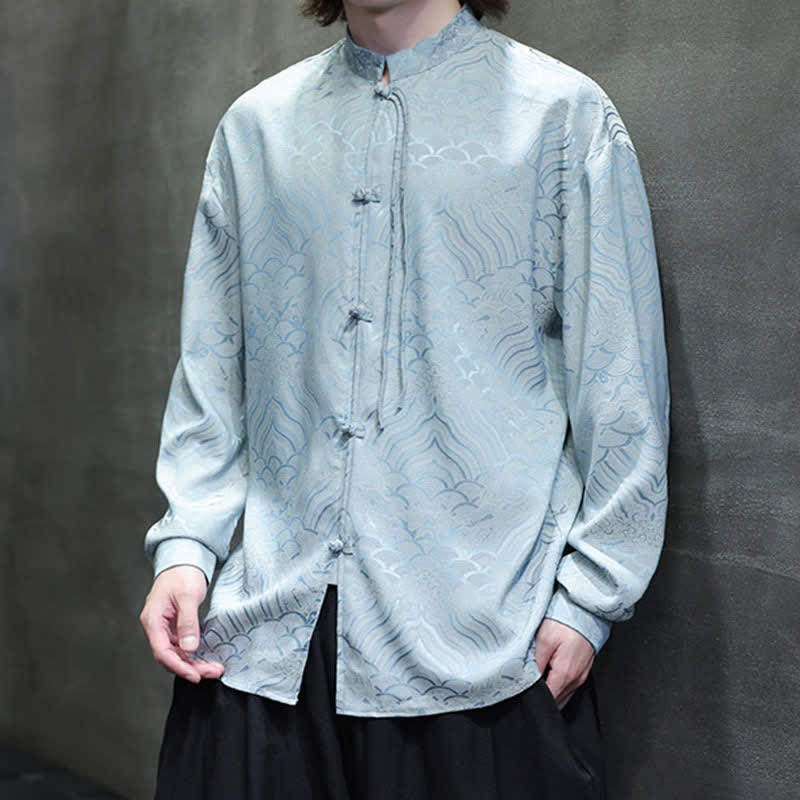 Buddha Stones Fall Vintage Tang Style Mandarin Collar Abstract Waves Men's Long Sleeve Shirts - image 28