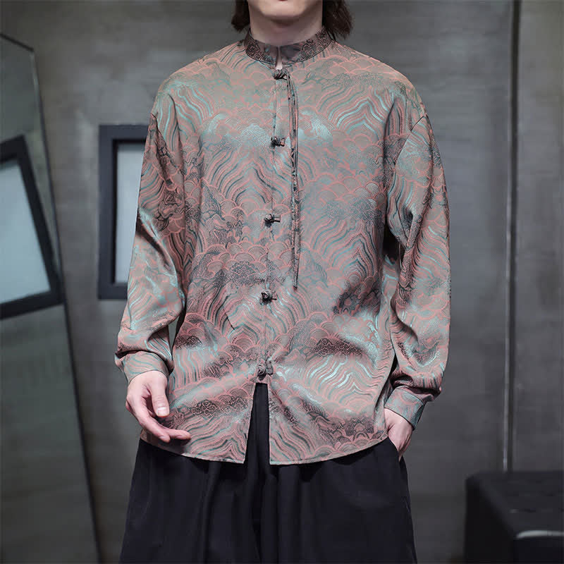 Buddha Stones Fall Vintage Tang Style Mandarin Collar Abstract Waves Men's Long Sleeve Shirts - image 6