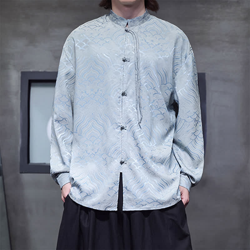Buddha Stones Fall Vintage Tang Style Mandarin Collar Abstract Waves Men's Long Sleeve Shirts - image 31