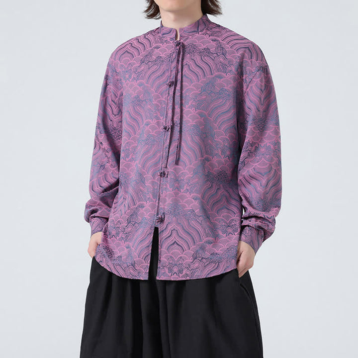 Buddha Stones Fall Vintage Tang Style Mandarin Collar Abstract Waves Men's Long Sleeve Shirts - Thistle - US/UK/AU46，EU56 (5XL) - image 16