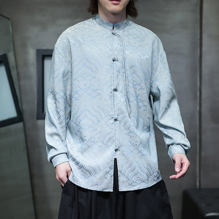 Buddha Stones Fall Vintage Tang Style Mandarin Collar Abstract Waves Men's Long Sleeve Shirts - image 27
