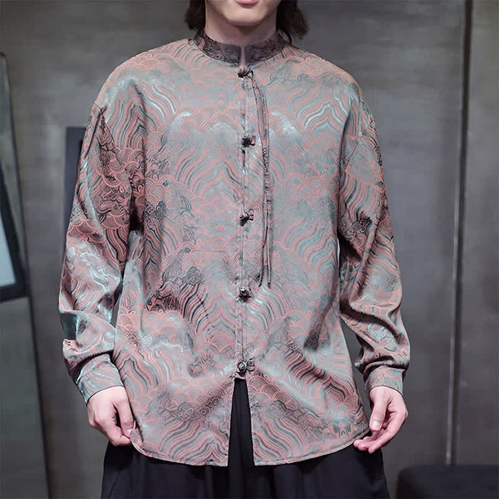Buddha Stones Fall Vintage Tang Style Mandarin Collar Abstract Waves Men's Long Sleeve Shirts - image 1