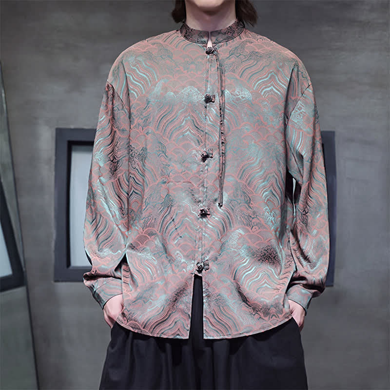 Buddha Stones Fall Vintage Tang Style Mandarin Collar Abstract Waves Men's Long Sleeve Shirts - DarkOliveGreen - US/UK/AU46，EU56 (5XL) - image 0
