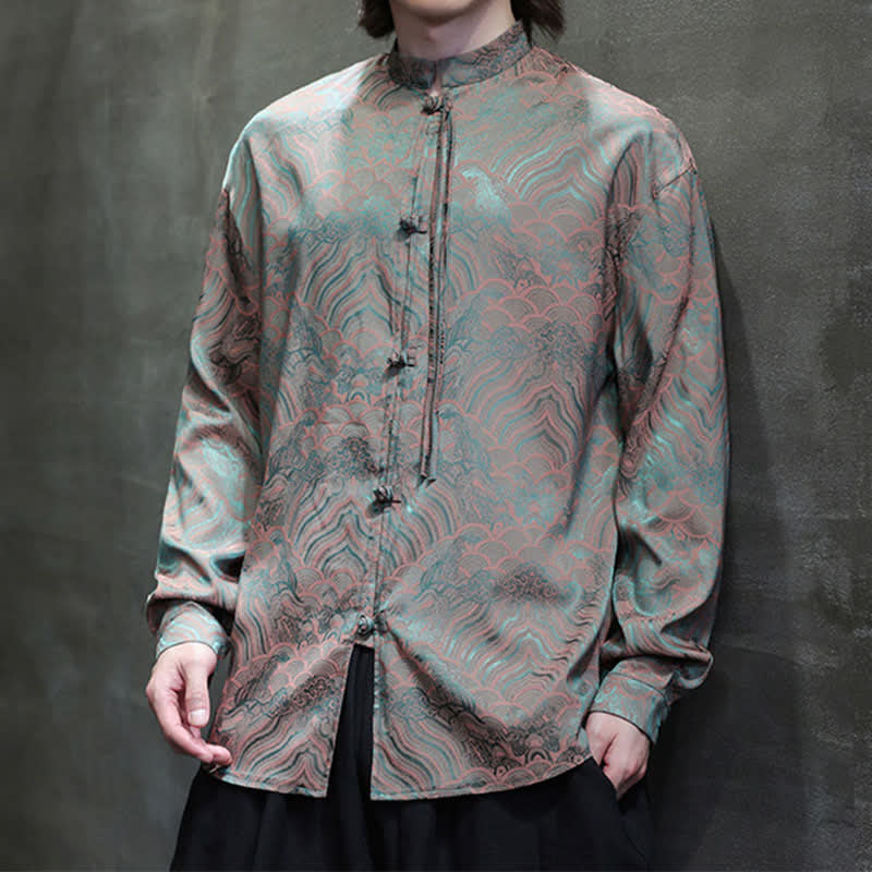 Buddha Stones Fall Vintage Tang Style Mandarin Collar Abstract Waves Men's Long Sleeve Shirts - image 3