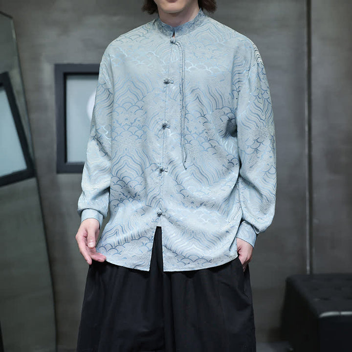 Buddha Stones Fall Vintage Tang Style Mandarin Collar Abstract Waves Men's Long Sleeve Shirts - LightBlue - US/UK/AU46，EU56 (5XL) - image 26