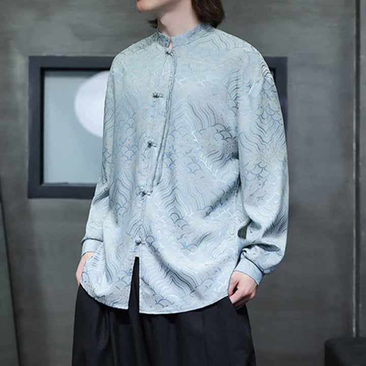 Buddha Stones Fall Vintage Tang Style Mandarin Collar Abstract Waves Men's Long Sleeve Shirts - image 30