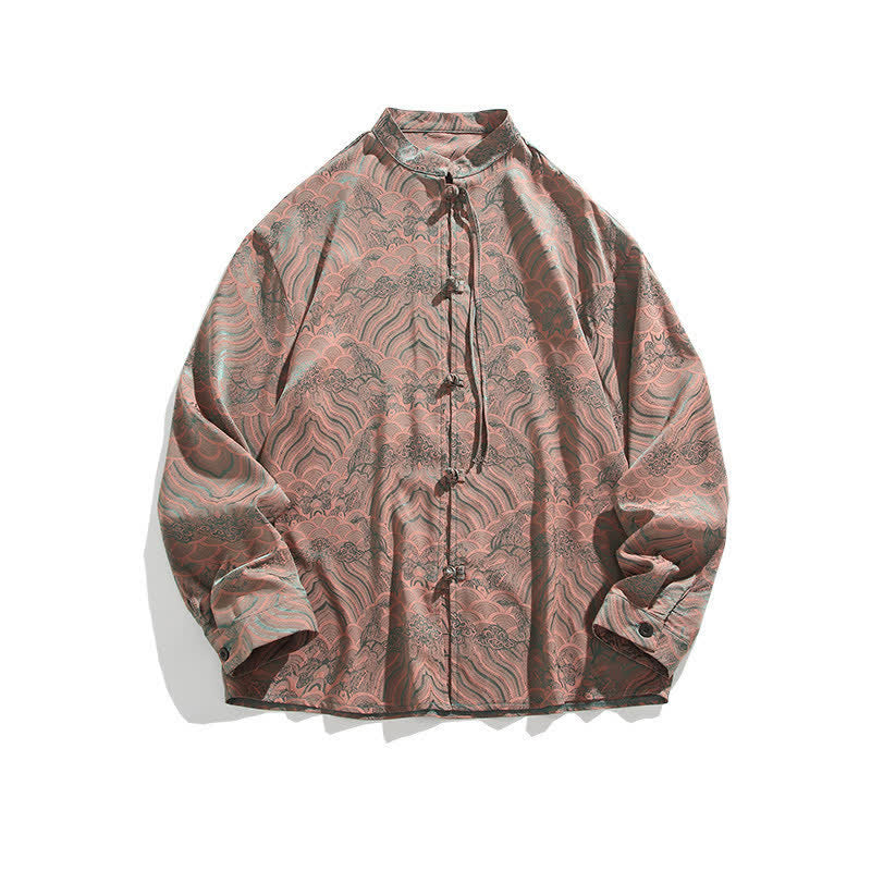 Buddha Stones Fall Vintage Tang Style Mandarin Collar Abstract Waves Men's Long Sleeve Shirts - image 15