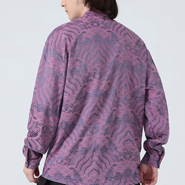 Buddha Stones Fall Vintage Tang Style Mandarin Collar Abstract Waves Men's Long Sleeve Shirts - image 19