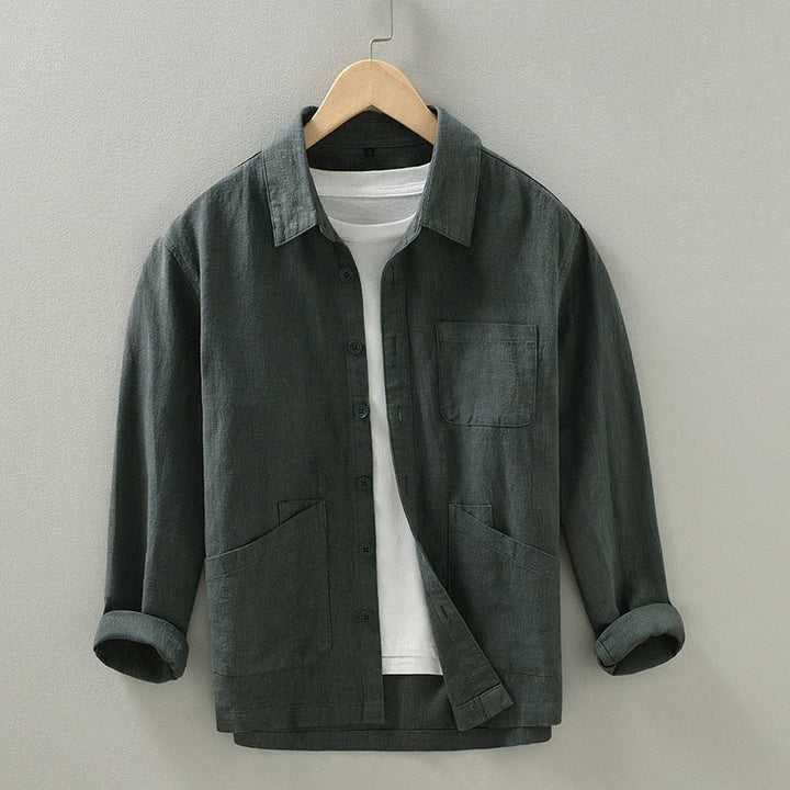 Buddha Stones Fall Casual Minimalist Button-Up Solid Ramie Men's Jacket With Pockets - DimGray - US/UK/AU42，EU52 (3XL) - image 0
