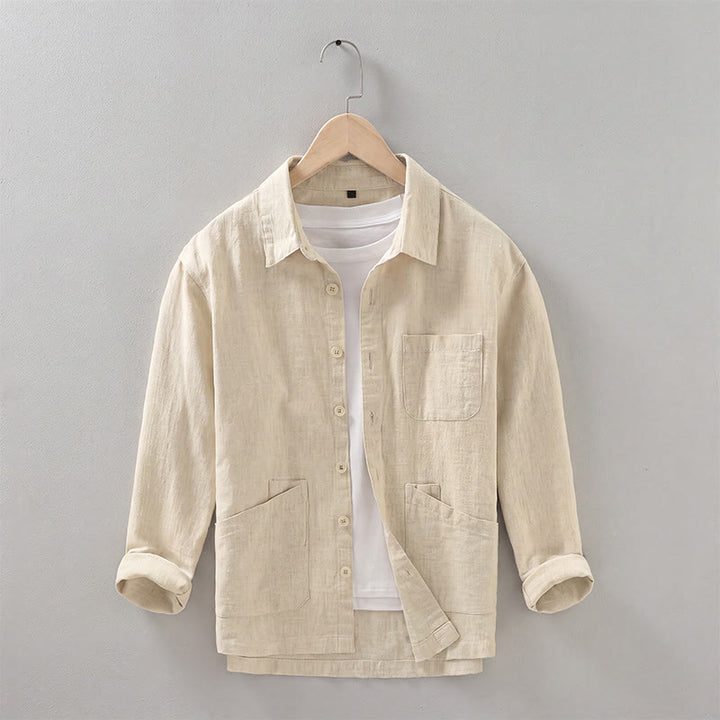 Buddha Stones Fall Casual Minimalist Button-Up Solid Ramie Men's Jacket With Pockets - Wheat - US/UK/AU42，EU52 (3XL) - image 13