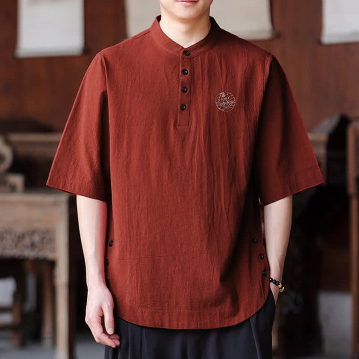 Buddha Stones Summer Casual Tang Style Mandarin Collar Solid Men's Short Sleeve Shirts - IndianRed - US/UK/AU46, EU56 (5XL) - image 11