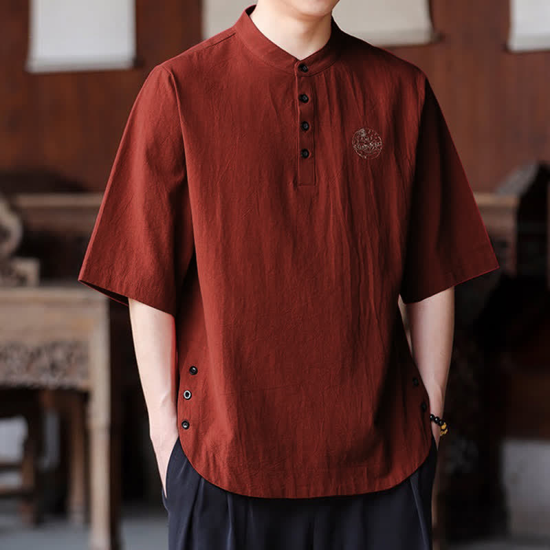 Buddha Stones Summer Casual Tang Style Mandarin Collar Solid Men's Short Sleeve Shirts - image 17