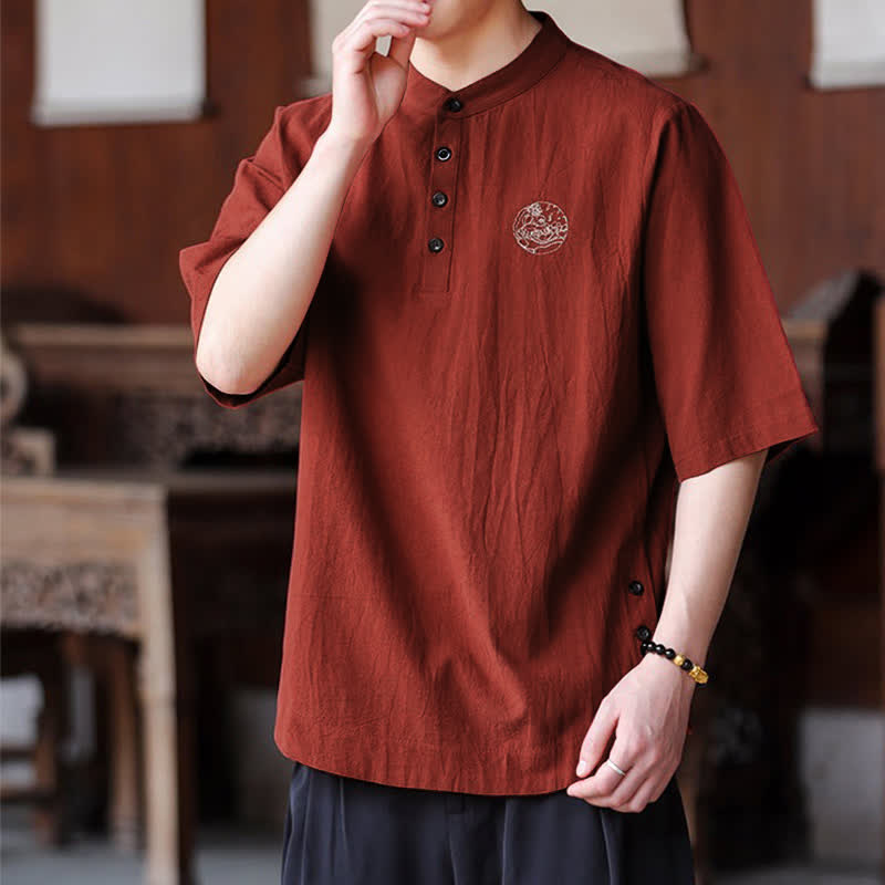 Buddha Stones Summer Casual Tang Style Mandarin Collar Solid Men's Short Sleeve Shirts - image 14