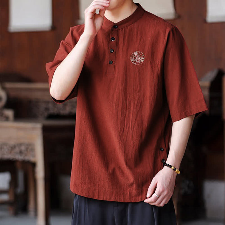 Buddha Stones Summer Casual Tang Style Mandarin Collar Solid Men's Short Sleeve Shirts - image 14