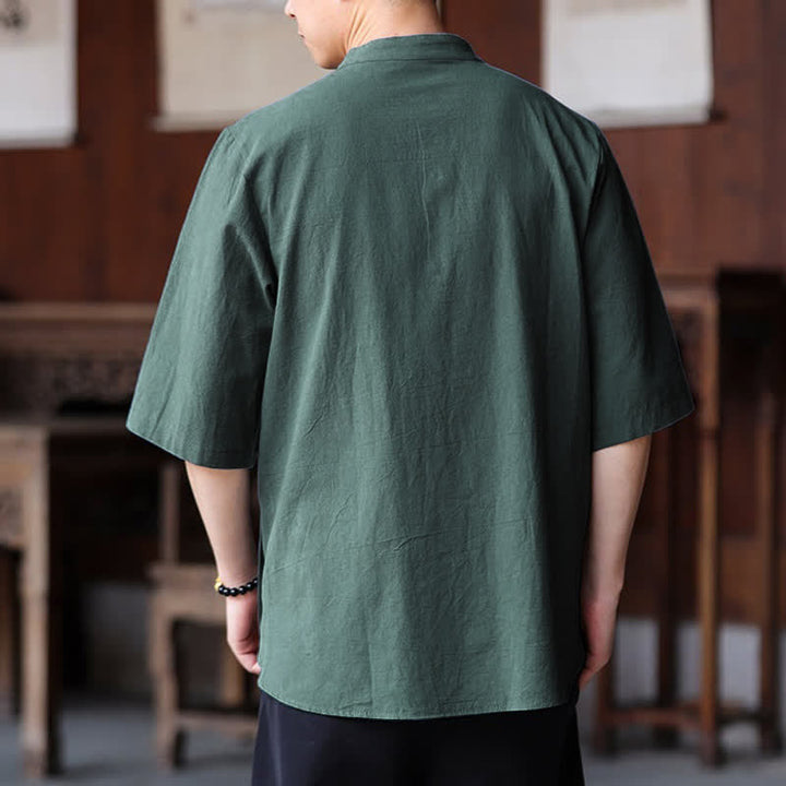 Buddha Stones Summer Casual Tang Style Mandarin Collar Solid Men's Short Sleeve Shirts - image 3