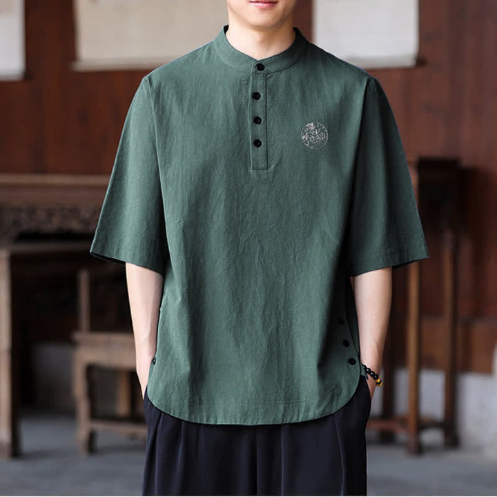 Buddha Stones Summer Casual Tang Style Mandarin Collar Solid Men's Short Sleeve Shirts - image 6