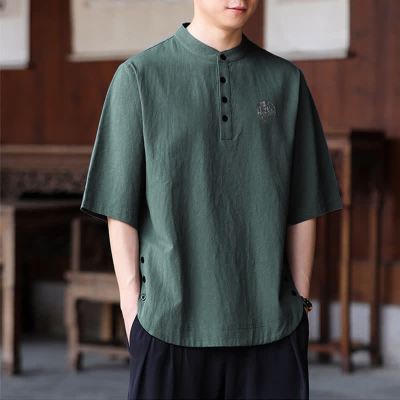 Buddha Stones Summer Casual Tang Style Mandarin Collar Solid Men's Short Sleeve Shirts - image 1