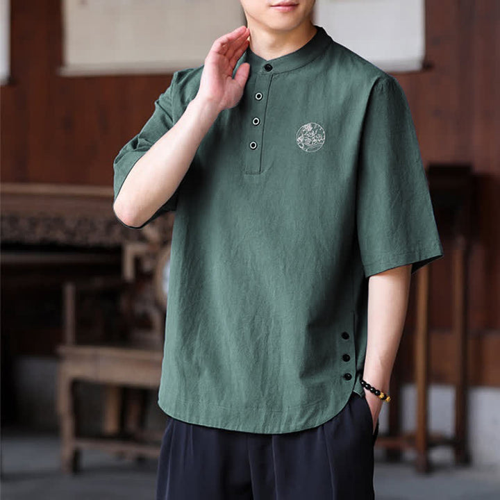 Buddha Stones Summer Casual Tang Style Mandarin Collar Solid Men's Short Sleeve Shirts - image 5