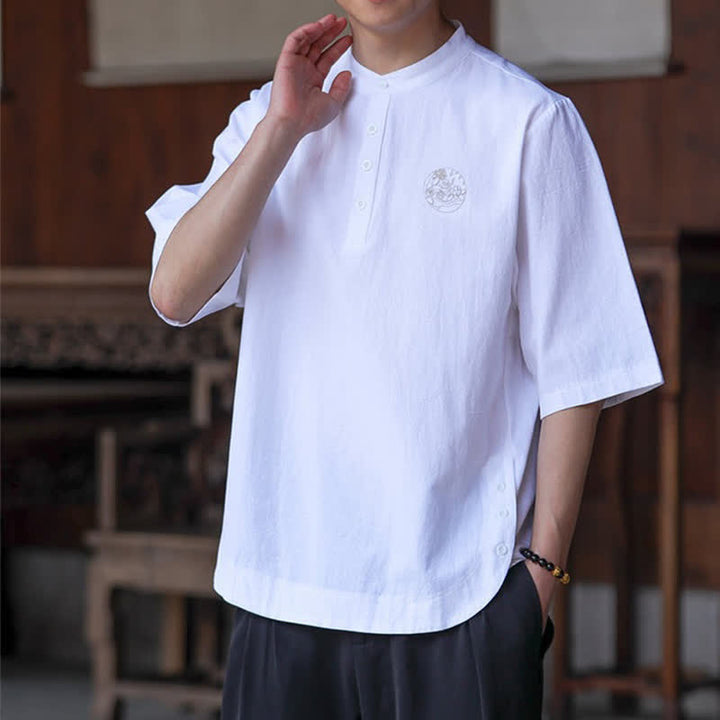 Buddha Stones Summer Casual Tang Style Mandarin Collar Solid Men's Short Sleeve Shirts - image 20