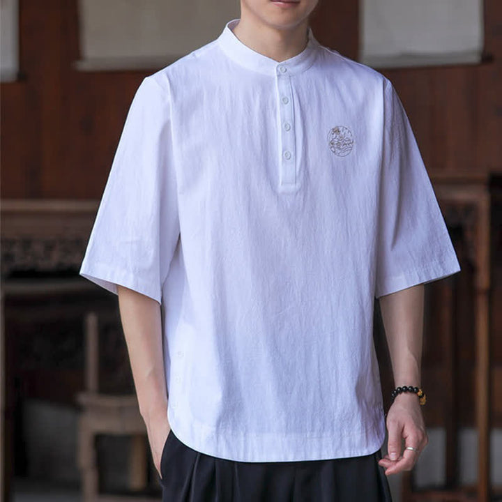 Buddha Stones Summer Casual Tang Style Mandarin Collar Solid Men's Short Sleeve Shirts - image 22