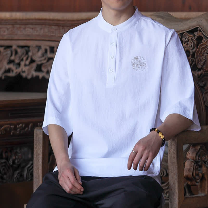 Buddha Stones Summer Casual Tang Style Mandarin Collar Solid Men's Short Sleeve Shirts - image 25