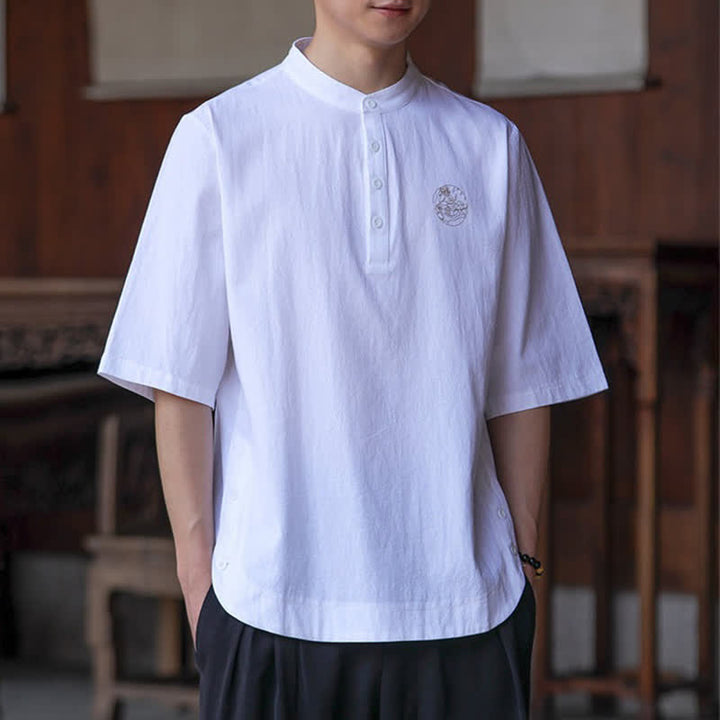 Buddha Stones Summer Casual Tang Style Mandarin Collar Solid Men's Short Sleeve Shirts - image 21