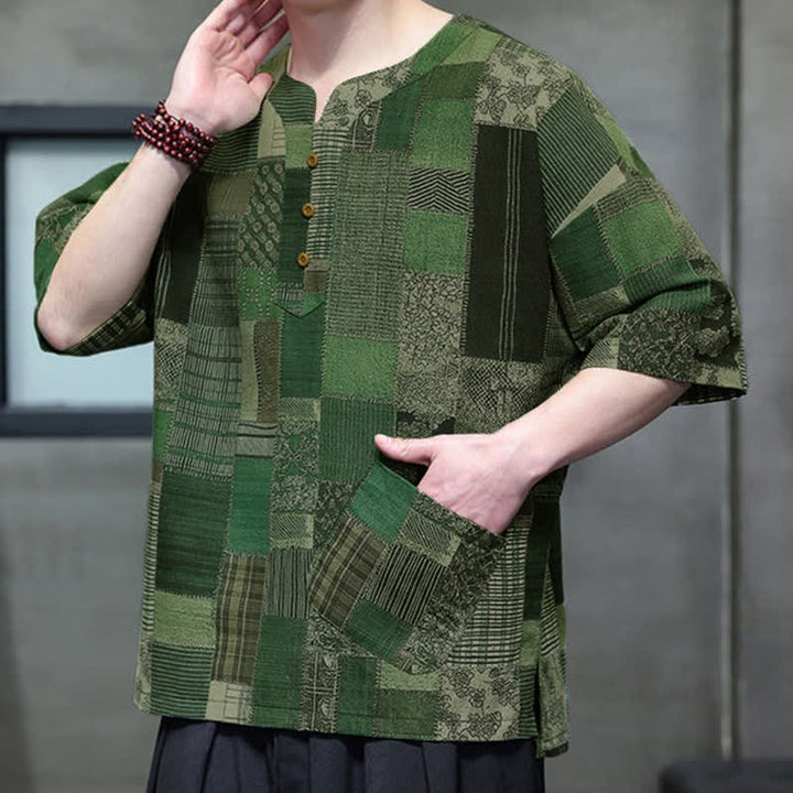 Buddha Stones Summer Casual Boho Patchwork Plaid Design Men's Short Sleeve Shirts With Patch Pocket - image 4