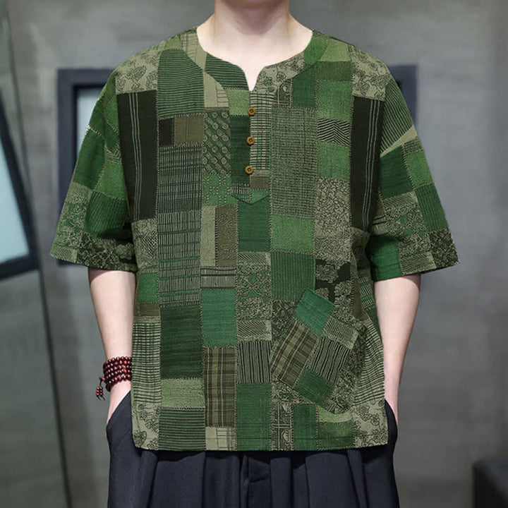 Buddha Stones Summer Casual Boho Patchwork Plaid Design Men's Short Sleeve Shirts With Patch Pocket - image 5
