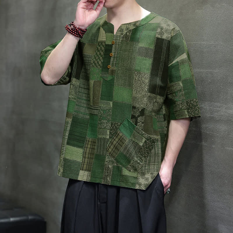 Buddha Stones Summer Casual Boho Patchwork Plaid Design Men's Short Sleeve Shirts With Patch Pocket - image 8