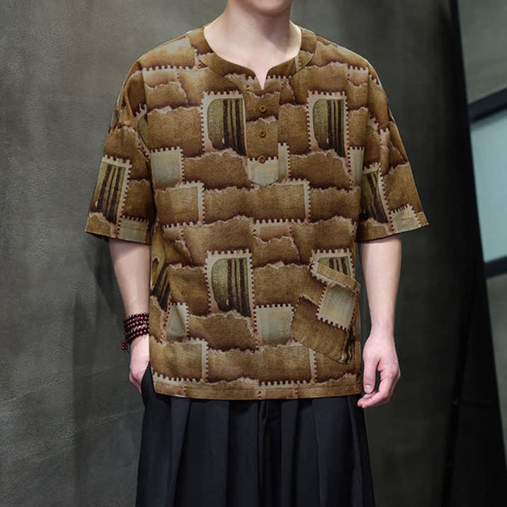 Buddha Stones Summer Casual Boho Patchwork Plaid Design Men's Short Sleeve Shirts With Patch Pocket - image 14